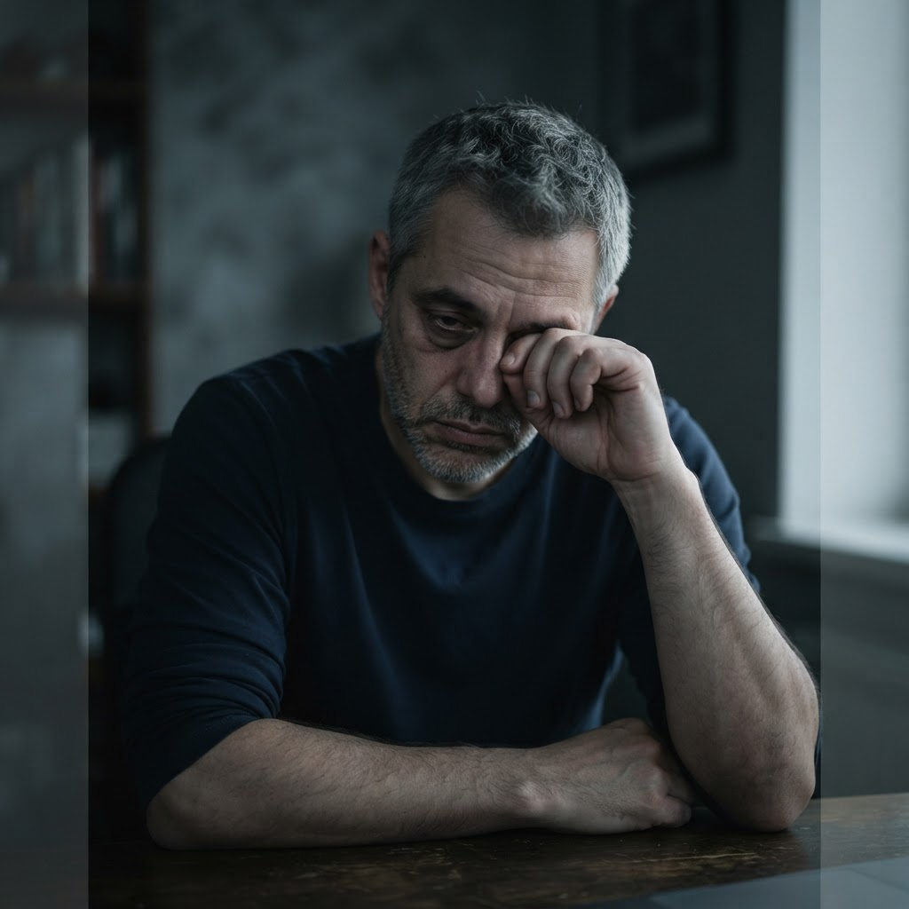 Le même homme à 15 h, épuisé